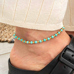 Гривна за глезен сини мъниста и 18К позлата, идеална за бохо стил, дължина 22см.