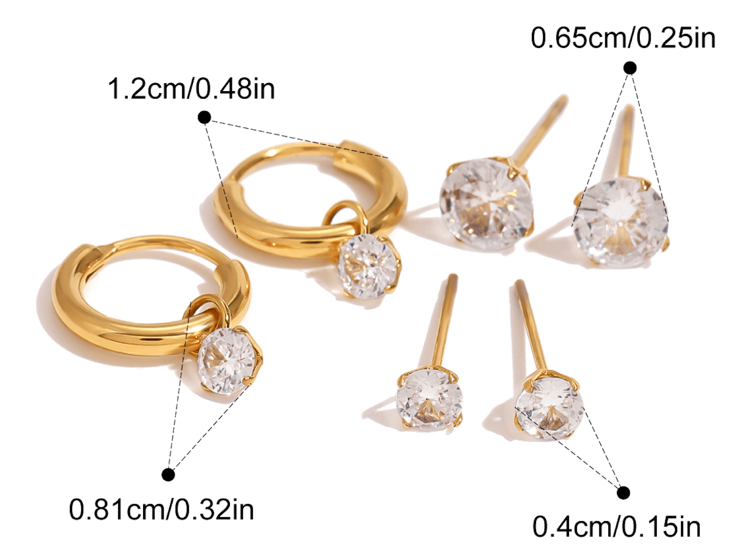 Сет обеци с 18К златно покритие и кристали, включва 6 различни модела с размери.
