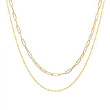 Двойно златисто колие с 18K златно покритие, елегантен дизайн с различни вериги и топченца.